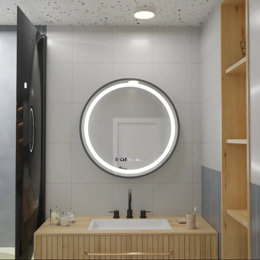 Oglinda LED Rotunda, 60cm, Celeste Majeste Noir Eleve MotionGlow Marcello, Sistem Dezaburire, Ceas & Termometru, Dimabila