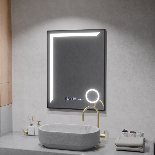 Oglinda LED Senzor MotionGlow Francesca 60x80 cm Lumina Calda/Rece/Neutra Dimabila Rama Negru Brushed Sistem Dezaburire Termometru Ceas Colectia Marcello Funghi