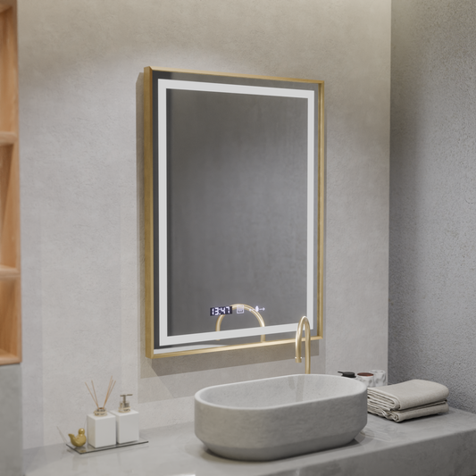 Oglinda LED Rectangulara, 60x80cm, Verite Royale Gold MotionGlow Marcello, Sistem Dezaburire, Ceas & Termometru, Dimabila