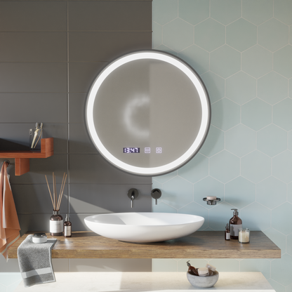 Oglinda LED Touch NOVARA Sistem Dezaburire, Ceas si Temperatura 70 cm Rama Negru Brushed