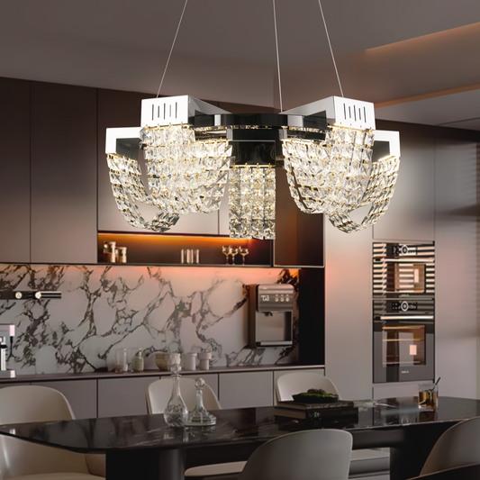 Candelabru Cristal LED 30W, CC370/500CH, Diametru 49cm, Crom Lucios, Lumina Calda Neutra Rece 3000K/4000K/6000K Inaltime Reglabila, Metal si Cristal