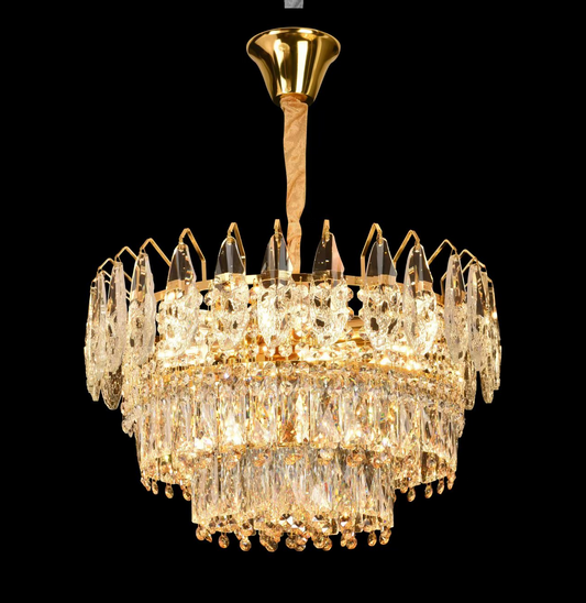 Candelabru Cristal MAJESTIC Eleganza 9x E14, Diametru 50cm, Auriu Lucios, Inaltime Reglabila