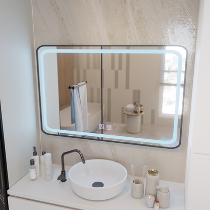 Oglinda LED Rectangulara 100x65cm EDGE Touch Sistem Dezaburire, Rama Neagra