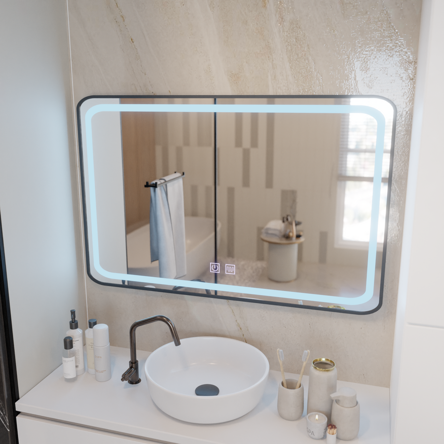 Oglinda LED Rectangulara 100x65cm EDGE Touch Sistem Dezaburire, Rama Neagra