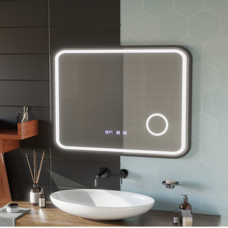 Oglinda LED Touch Bernd Sistem Dezaburire, Ceas si Temperatura 80x60 cm Rama Negru Brushed Lupa Cosmetica
