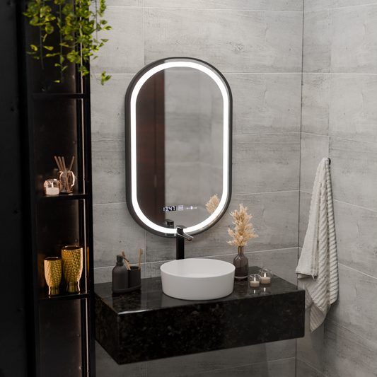 Oglinda LED Touch Helmut, Sistem Dezaburire, Ceas si Temperatura 45x90 cm, Rama Negru, Brushed Marcello Funghi