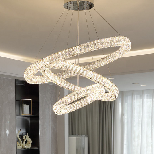 Lustra LED suspendata cu telecomanda si cristal CAYDEN 200W, 3 Cercuri, lumina Rece/Calda/Neutra, Dimabila, Crom Lucios, Inaltime Reglabila
