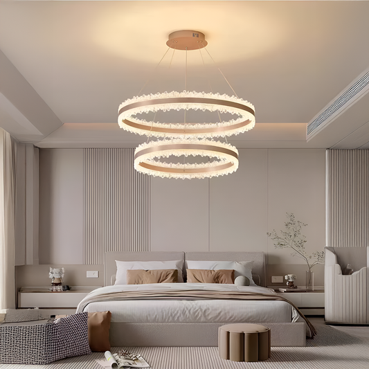 Lustra LED suspendata cu Telecomanda NIVALIS Duo 127W, Cercuri 60x80cm, lumina Rece/Calda/Neutra, Dimabila,Inaltime Reglabila, Auriu