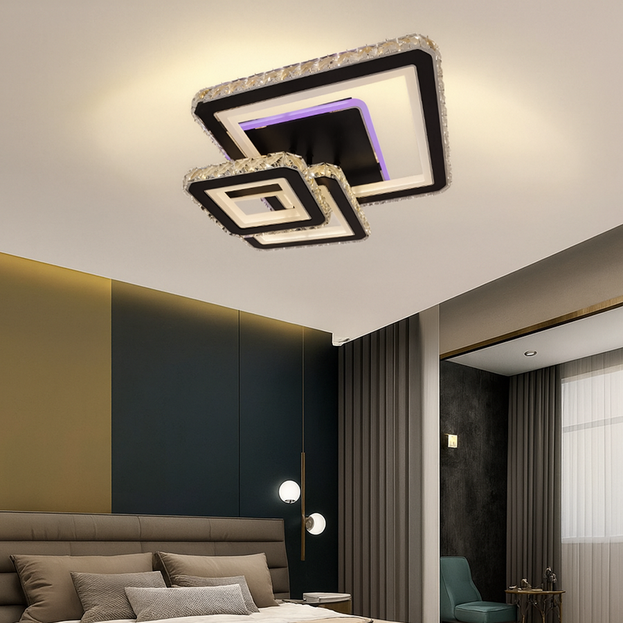 Lustra LED cu telecomanda si cristal LEILA 88W, 3 Patrate, lumina Rece/Calda/Neutra, Dimabila, Negru Crom Lucios