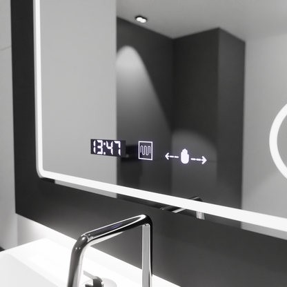Oglinda LED Rectangulara, 90x75cm, Riflesso MotionGlow Marcello, Sistem Dezaburire, Ceas & Termometru, Lupa Cosmetica, Dimabila