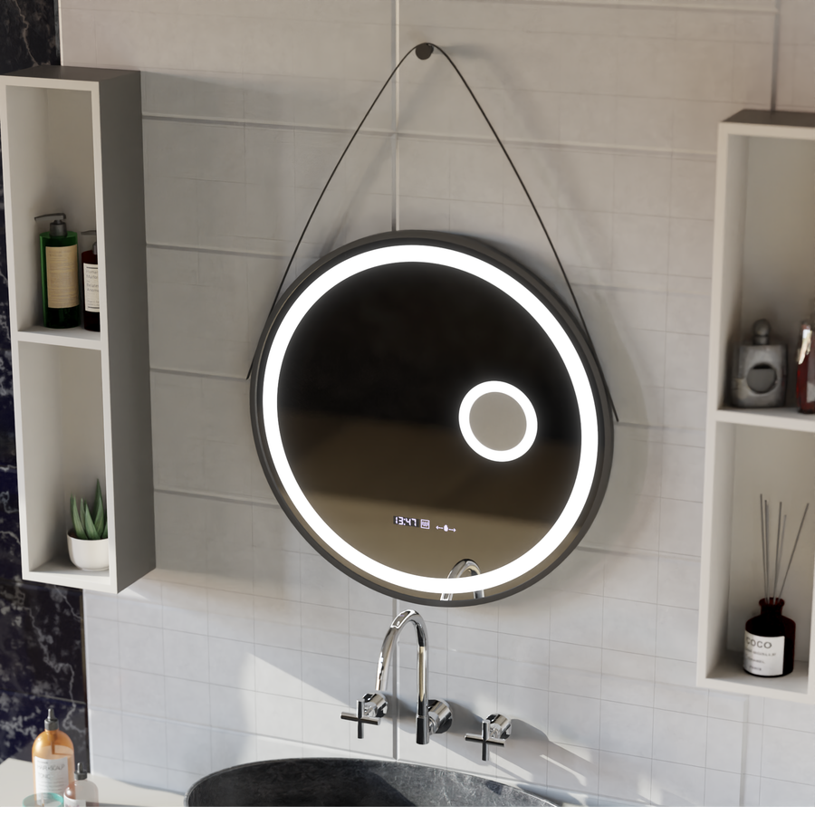 Oglinda LED Rotunda, 60cm, Micah Senzor MotionGlow Marcello, Sistem Dezaburire, Ceas & Termometru, Lupa Cosmetica, Dimabila