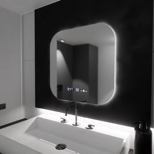 Oglinda LED Rectangulara 60x60 Aura Riflesso Puro MotionGlow Marcello, Sistem Dezaburire, Termometru si Ceas, Dimabila
