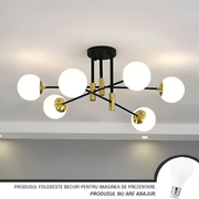 Lustra cu Glob Alb Rotund, PENTHOUSE Lounge, 6xE27, Negru / Auriu, Metal