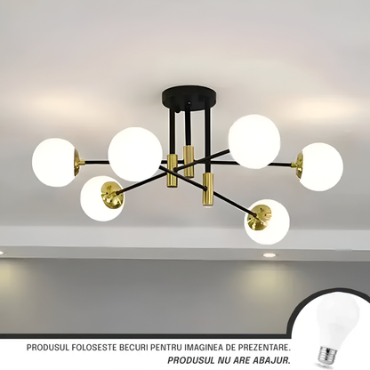 Lustra cu Glob Alb Rotund, PENTHOUSE Lounge, 6xE27, Negru / Auriu, Metal