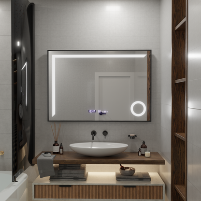 Oglinda LED Senzor MotionGlow Sofia cu functie Dezaburire Termometru Ceas 110x75 cm Lumina Calda/Rece/Neutra Dimabila,Rama Negru Brushed, Colectia Marcello Funghi
