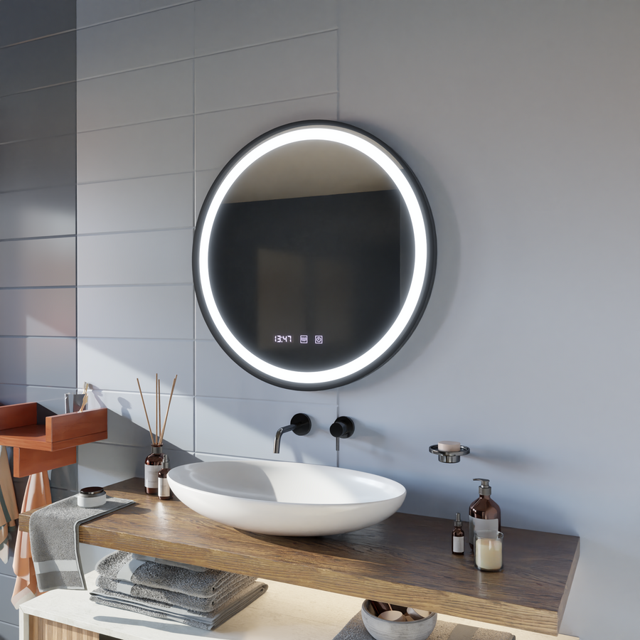 Oglinda LED Touch NOVARA Sistem Dezaburire, Ceas si Temperatura 50 cm Rama Negru Brushed