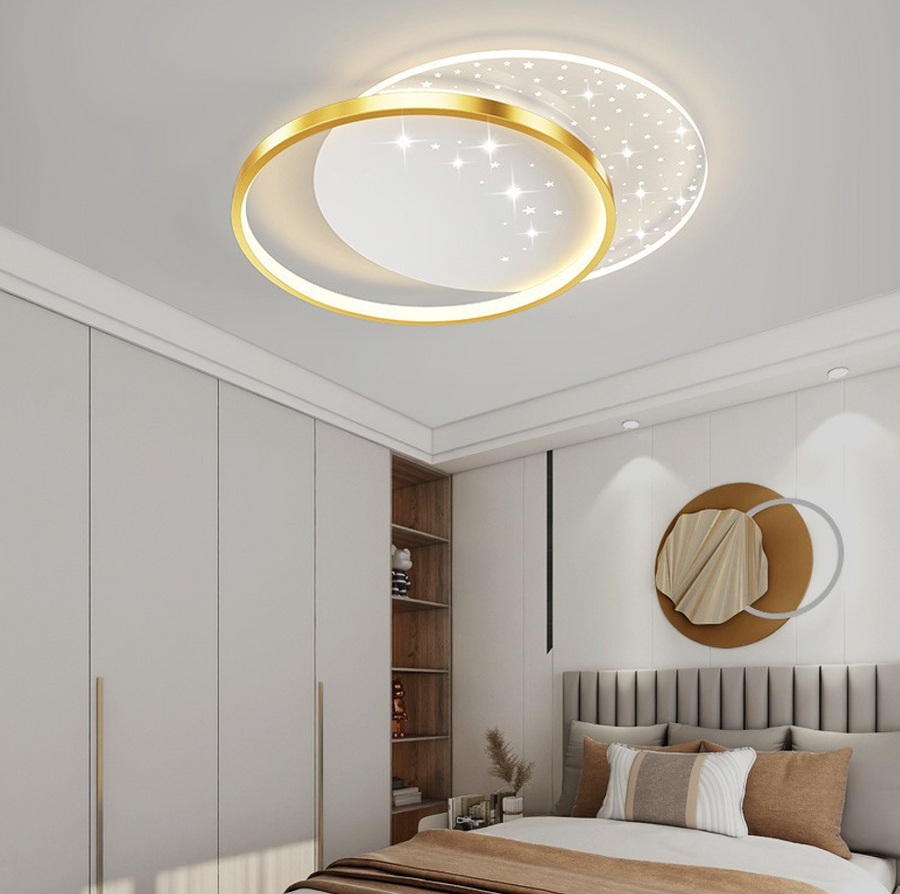 Lustra LED cu telecomanda LUNARO 38W, 2 Cercuri, lumina Rece/Calda/Neutra, Dimabila, Auriu Alb