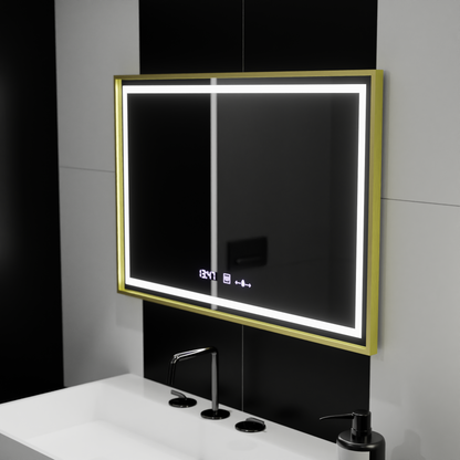 Oglinda LED Rectangulara, 100x65cm, Verite Royale Gold Motion Glow Marcello, Sistem Dezaburire, Ceas & Termometru, Dimabila