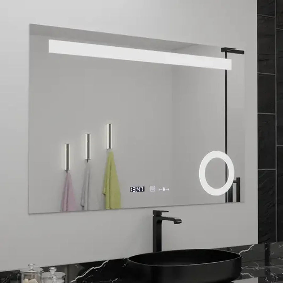 Oglinda LED Rectangulara, 80x60cm, ABSOLU MotionGlow Marcello, Sistem Dezaburire, Ceas & Termometru, Lupa Cosmetica, Dimabila