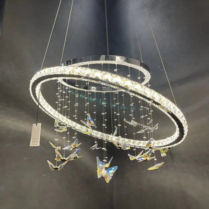 Lustra LED suspendata cu telecomanda si cristal 50W, 2 Cercuri, lumina Rece/Calda/Neutra, Dimabila, Crom Lucios, Inaltime Reglabila