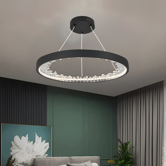 Lustra LED suspendata cu telecomanda, Cristale K9, 28W, 1 Cerc, lumina Rece/Calda/Neutra, Dimabila, Negru, Inaltime Reglabila
