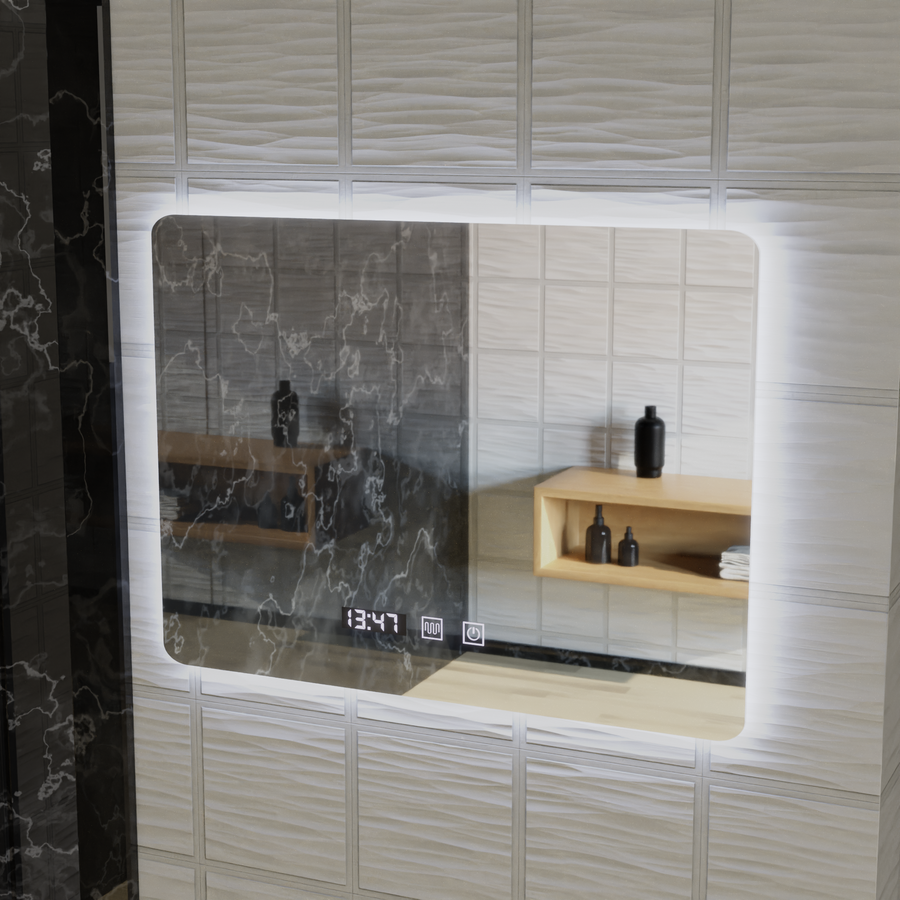 Oglinda LED Dreptunghiulara ARTAR Touch, 80X60cm, Sistem Dezaburire, Dimabila, Ceas si Temperatura, Lumina Calda Neutra Rece 3000K/4000K/6000K