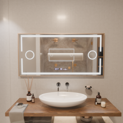 Oglinda LED Senzor MotionGlow Sofia cu functie Dezaburire Termometru Ceas 110x65 cm Lumina Calda/Rece/Neutra Dimabila,Rama Rose Gold, Colectia Marcello Funghi