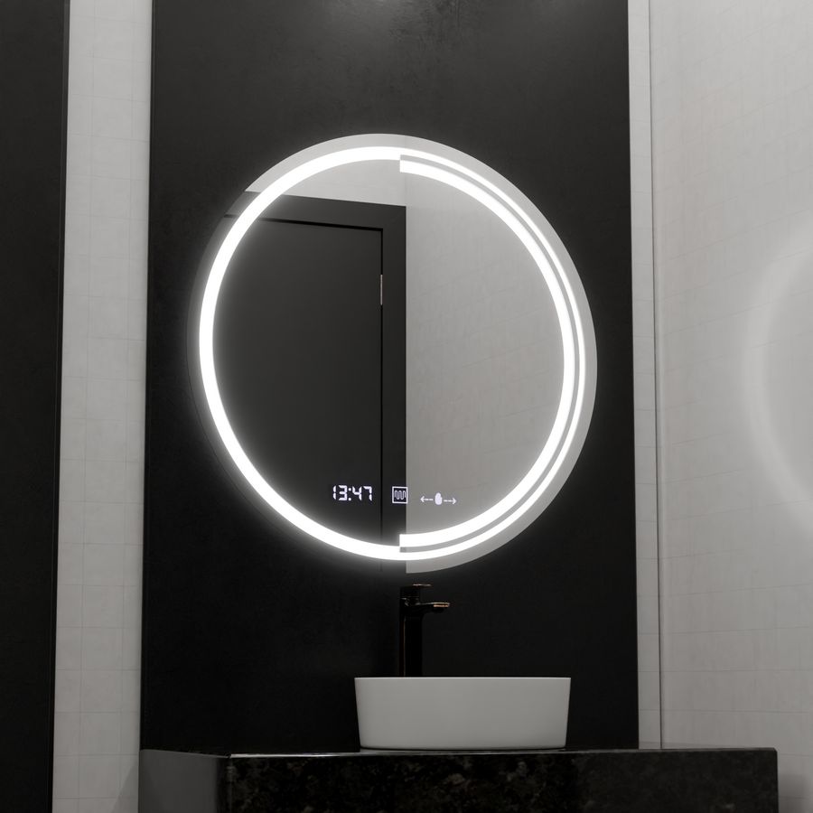 Oglinda LED Rotunda, 60cm, Senzor MotionGlow Consuel Marcello, Sistem Dezaburire, Ceas & Termometru, Dimabila