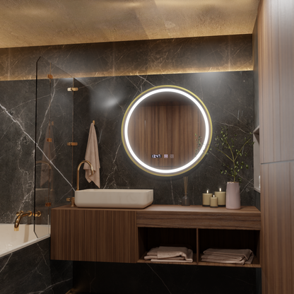 Oglinda LED Touch LUSSO, Sistem Dezaburire, Ceas si Temperatura, Diametru 60cm, Rama Auriu Brushed, Lumina Calda Rece Neutra 3000K/4500K/6000K, Dimabila