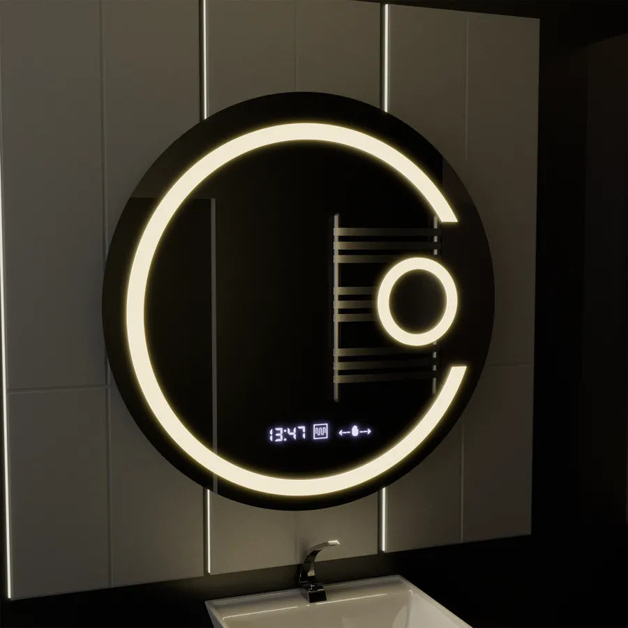 Oglinda LED Rotunda, 70cm, Visio MotionGlow Marcello, Sistem Dezaburire, Ceas & Termometru, Lupa Cosmetica, Dimabila