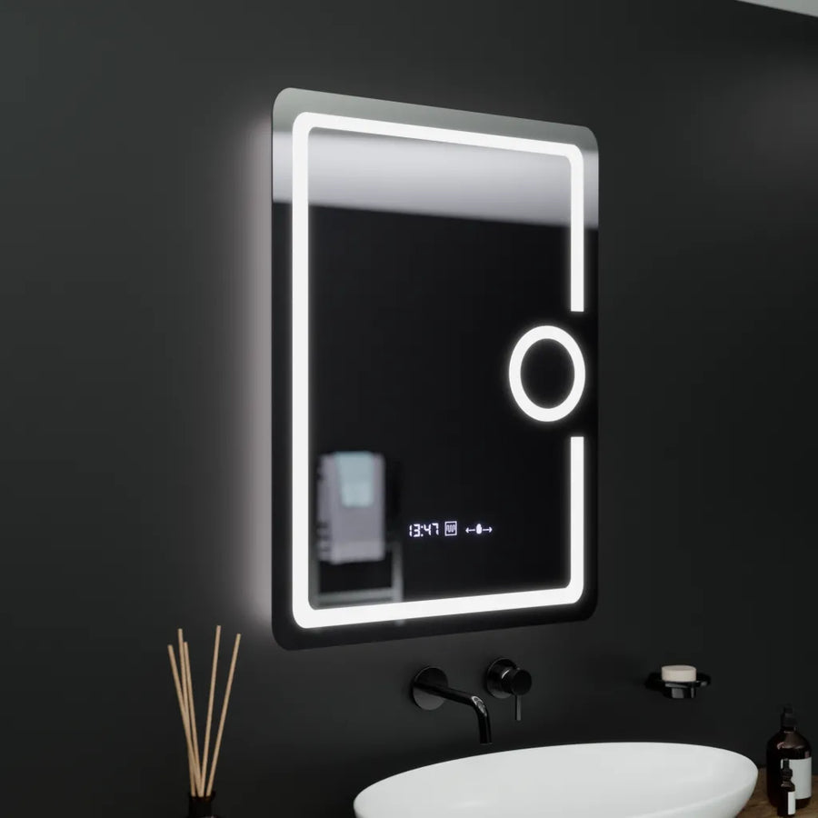 RESIGILAT [LUPA NECLARA] -Oglinda LED Rectangulara, 60x80cm, Eclat MotionGlow Marcello, Ceas & Termometru, Sistem Dezaburire, Lupa Cosmetica, Dimabila