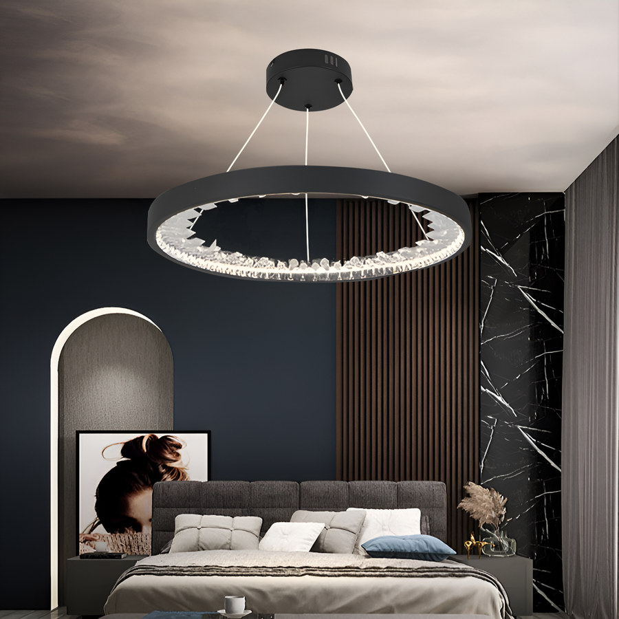 Lustra LED suspendata cu telecomanda, Cristale K9, 28W, 1 Cerc, lumina Rece/Calda/Neutra, Dimabila, Negru, Inaltime Reglabila
