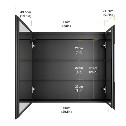 Oglinda LED cu Dulap STRATO 75x70 cm Negru Iluminare Completa si Depozitare Spatioasa