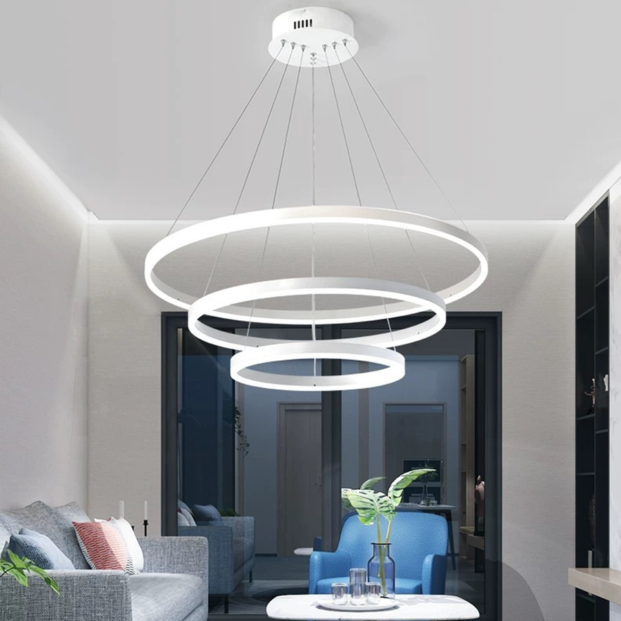 Lustra LED suspendata cu telecomanda SERENA 85W, 60cm, 3 Cercuri, lumina Rece/Calda/Neutra, Dimabila, Alb, Inaltime Reglabila