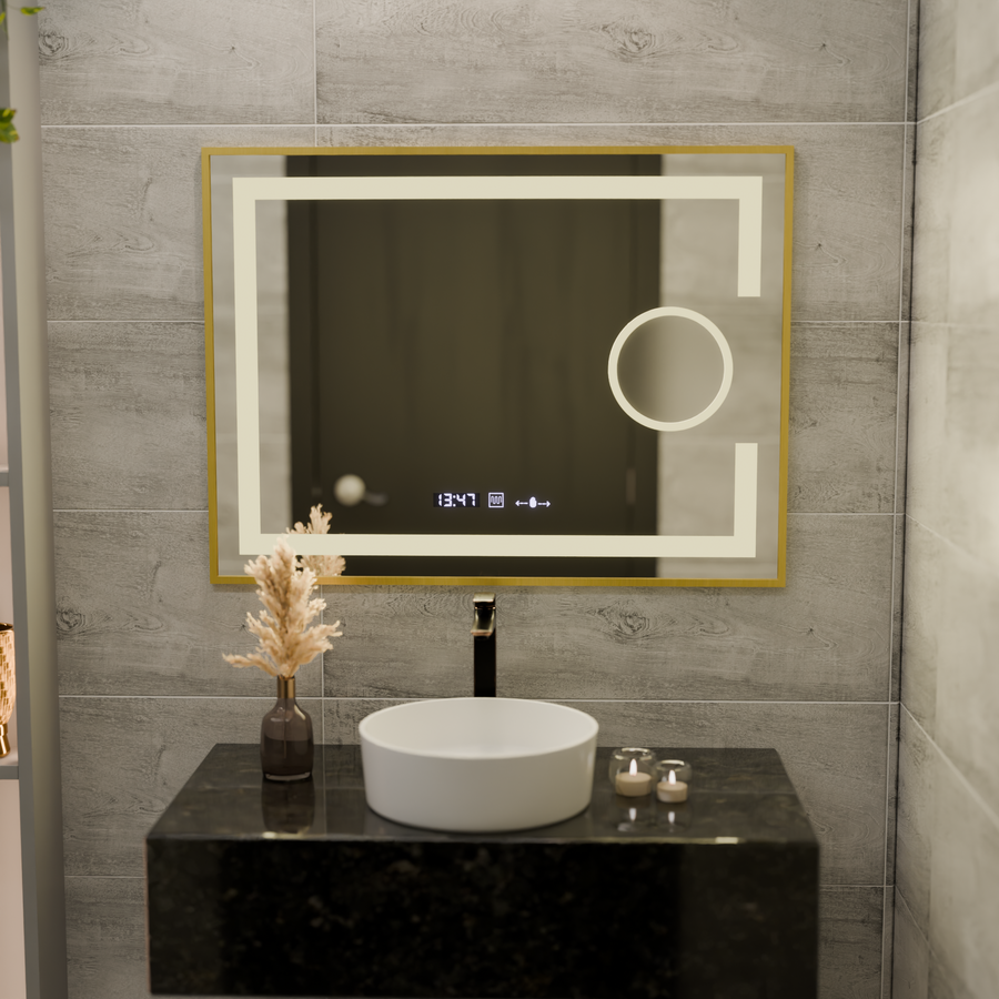 Oglinda LED Rectangulara, 80x60cm, Eclat MotionGlow Marcello, Sistem Dezaburire, Ceas & Termometru, Lupa Cosmetica, Dimabila, Rama Auriu Brushed