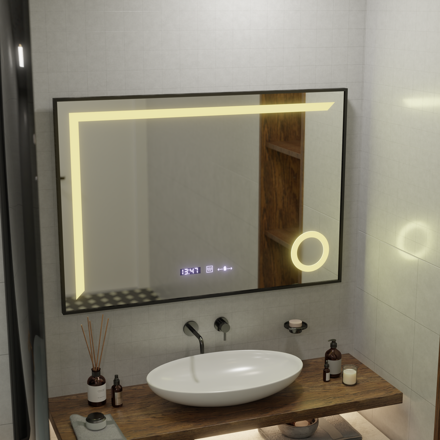 Oglinda LED Senzor MotionGlow Sofia cu functie Dezaburire Termometru Ceas 110x75 cm Lumina Calda/Rece/Neutra Dimabila,Rama Negru Brushed, Colectia Marcello Funghi