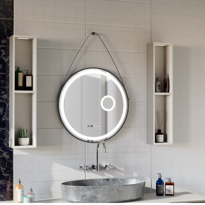 Oglinda LED Rotunda, 60cm, Micah Senzor MotionGlow Marcello, Sistem Dezaburire, Ceas & Termometru, Lupa Cosmetica, Dimabila