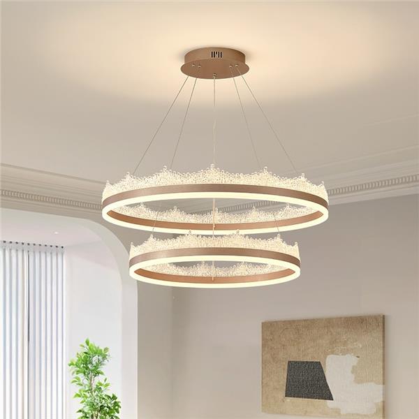 Lustra LED suspendata cu telecomanda NIVALIS 126W, Cercuri 60x80cm, lumina Rece/Calda/Neutra, Dimabila,Inaltime Reglabila, Auriu
