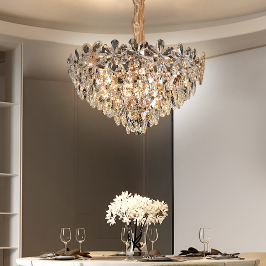 Candelabru Cristal Magno 11xE27, Diametru 60cm, Auriu Lucios, Inaltime Reglabila, Metal si Cristal