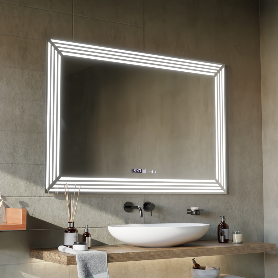 Oglinda LED Rectangulara, 110x65cm, Venezia Senzor MotionGlow Marcello, Sistem Dezaburire, Ceas & Termometru, Dimabila