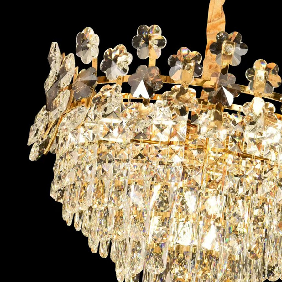Candelabru Cristal FLORENCE Eleganza 9x E14, Diametru 50cm, Auriu Lucios, Inaltime Reglabila