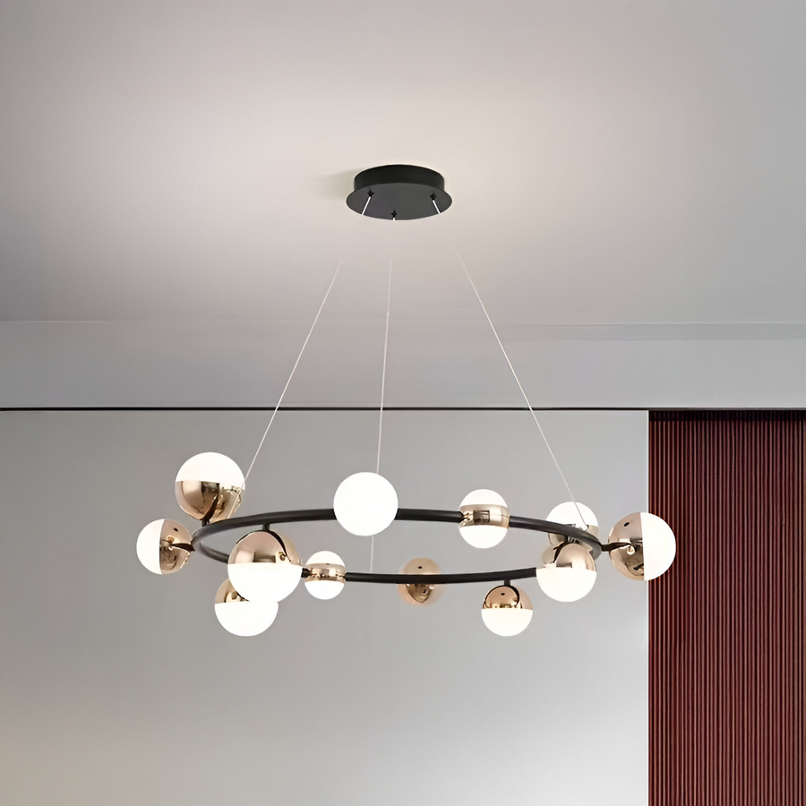 Lustră Suspendată LED Acril Estella cu Telecomandă, 30W, Dimabilă, 3000K/4000K/6000K, Auriu, Metal și Acril