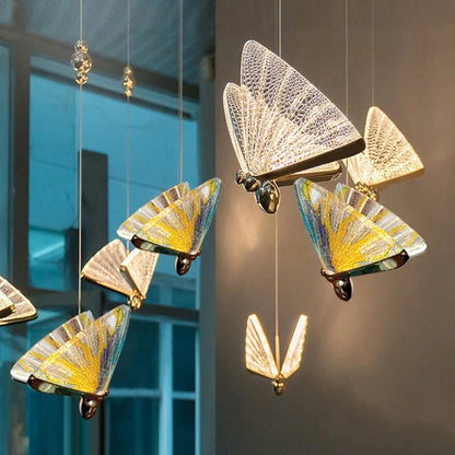 Lustră Suspendată LED Acril Butterfly 9W, Lumina Calda/Neutra/Rece 3000K/4000K/6000K, Auriu, Metal și Acril, Inaltime Reglabila