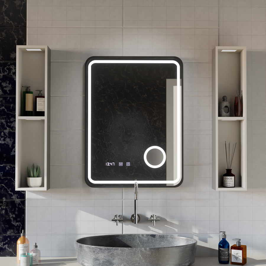 Oglinda LED Touch Ulrich Sistem Dezaburire, Ceas si Temperatura 75x90 cm Rama Negru Brushed Lupa Cosmetica
