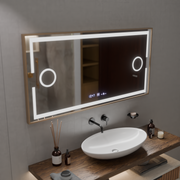 Oglinda LED Senzor MotionGlow Isabell cu functie Dezaburire Termometru Ceas 120x80 cm Lumina Calda/Rece/Neutra Dimabila, Rama Rose Gold Brushed, Colectia Marcello Funghi