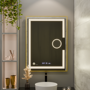 Oglinda LED Rectangulara, 60x80cm, Eclat MotionGlow Marcello, Sistem Dezaburire, Ceas & Termometru, Lupa Cosmetica, Dimabila, Rama Auriu Brushed