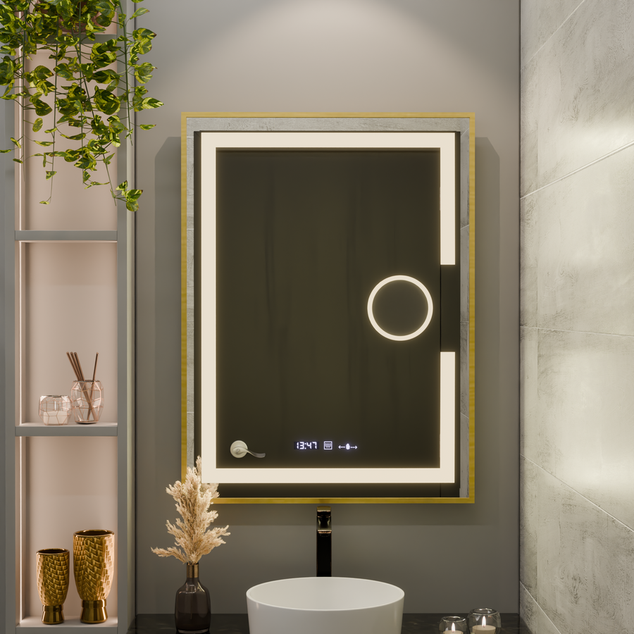 Oglinda LED Rectangulara, 60x80cm, Eclat MotionGlow Marcello, Sistem Dezaburire, Ceas & Termometru, Lupa Cosmetica, Dimabila, Rama Auriu Brushed