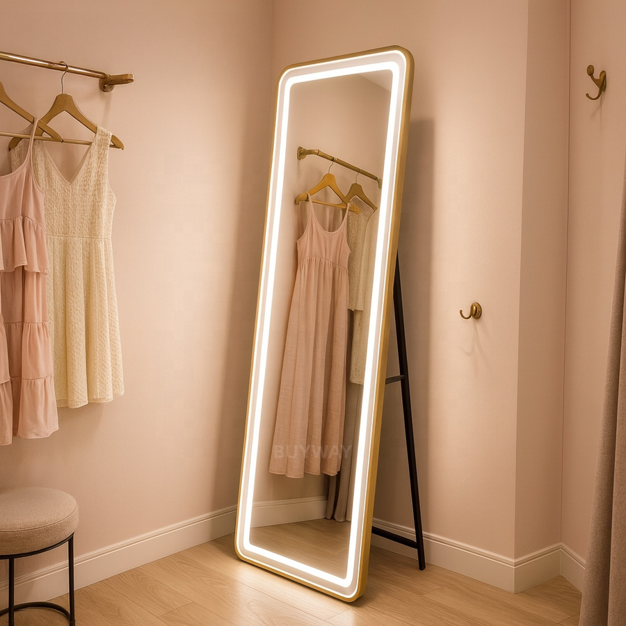 Oglinda LED Rectangulara, Rama Aurie, 50x160cm, Dimabila, Lumina Rece/Calda/Neutra, Dressing Couture