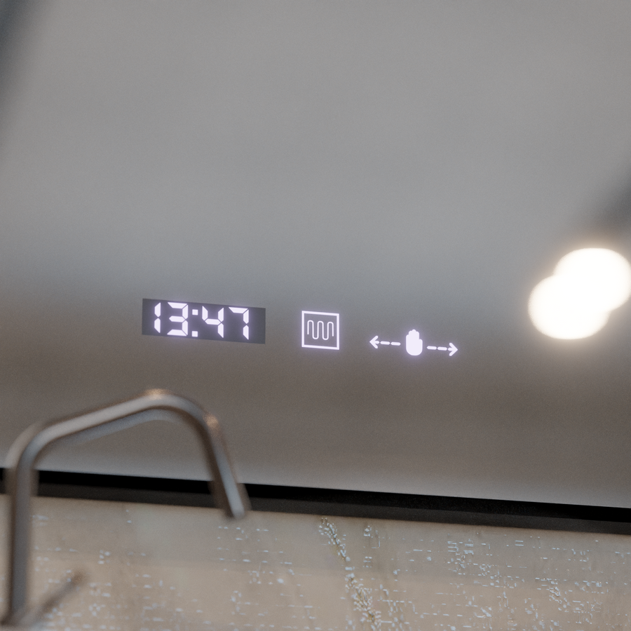 Oglinda LED Senzor MotionGlow Sofia cu functie Dezaburire Termometru Ceas 110x75 cm Lumina Calda/Rece/Neutra Dimabila,Rama Negru Brushed, Colectia Marcello Funghi