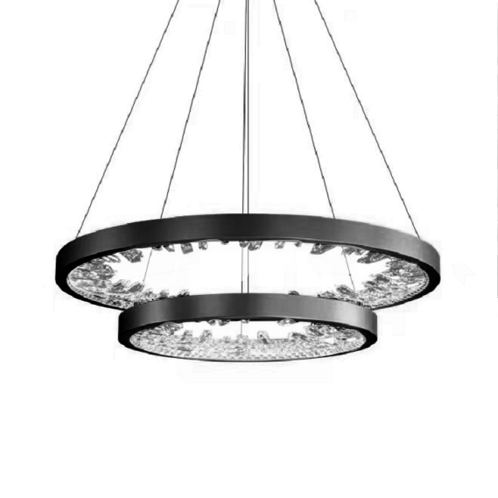 Lustra LED suspendata cu telecomanda, Cristale K9, 73W, 2 Cerc, 60 cm, lumina Rece/Calda/Neutra, Dimabila, Negru, Inaltime Reglabila